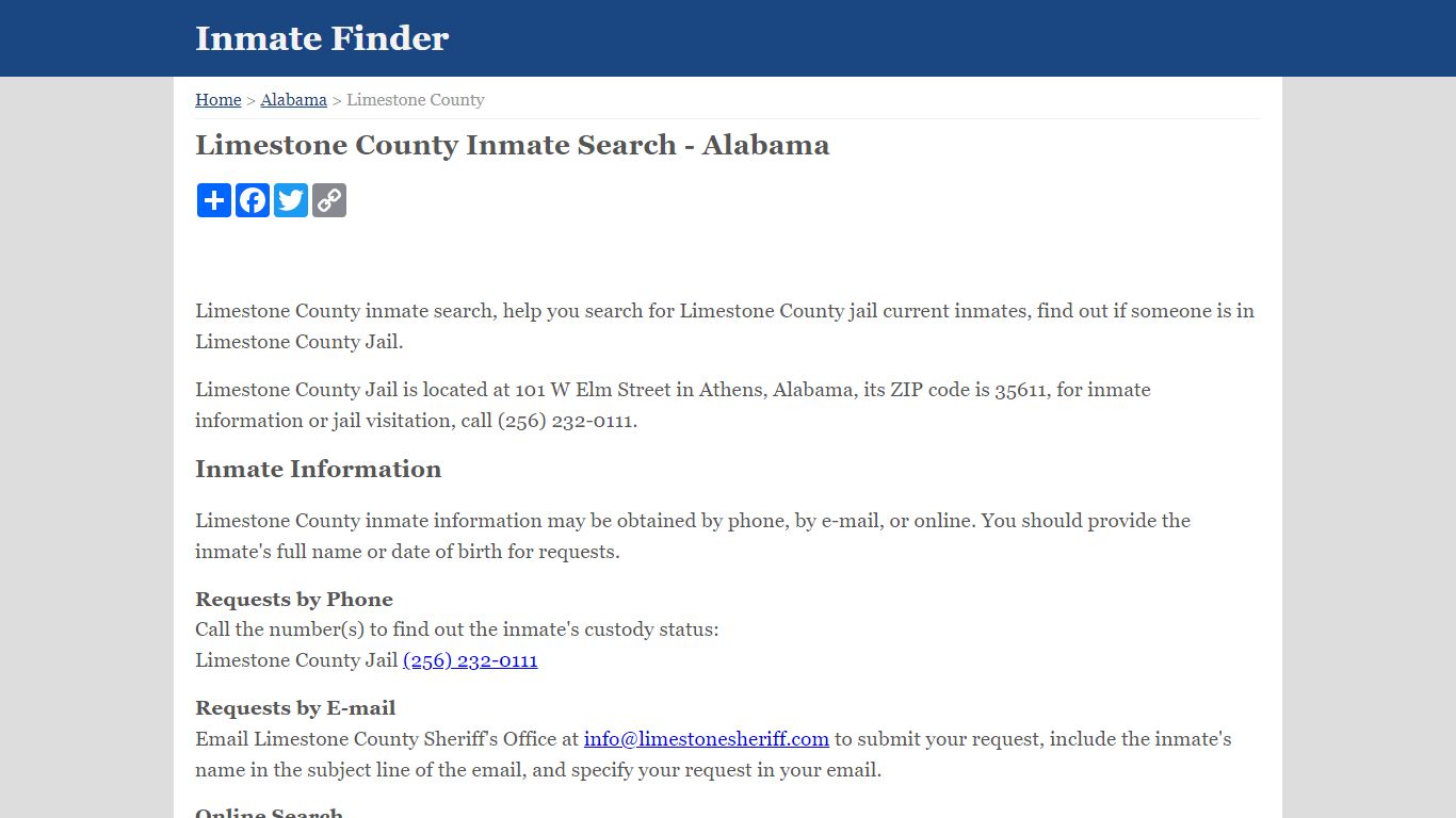 Limestone County Inmate Search - Alabama - Inmate Finder